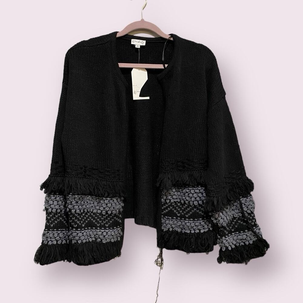 Wonderly Black Fashion Stringy Cardigan Size- Medium